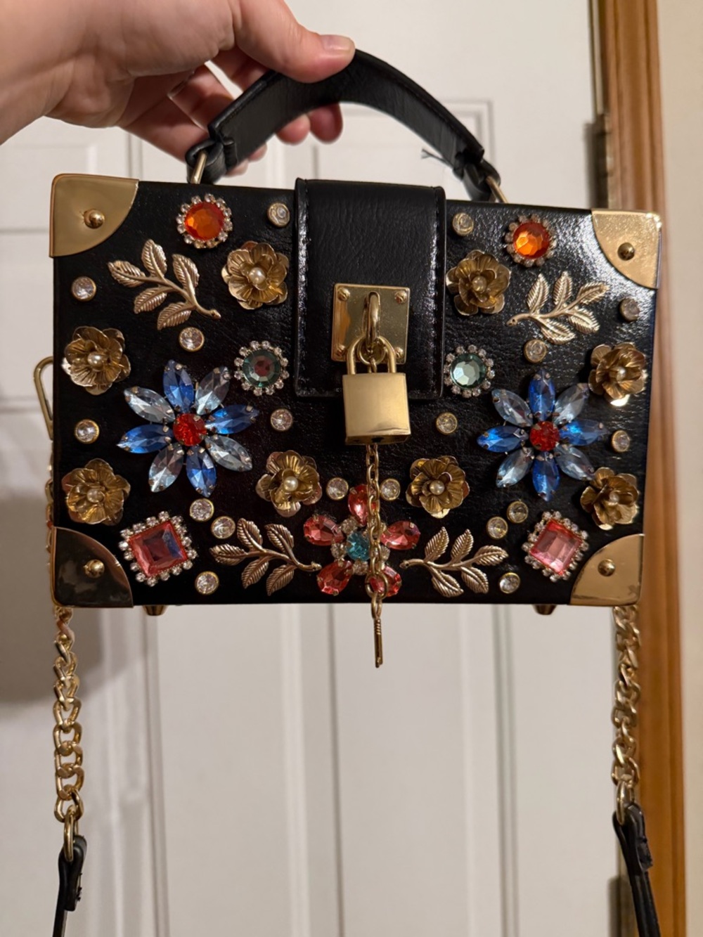 ALDO Embellished Black Box Bag with Gold Accents & Gems